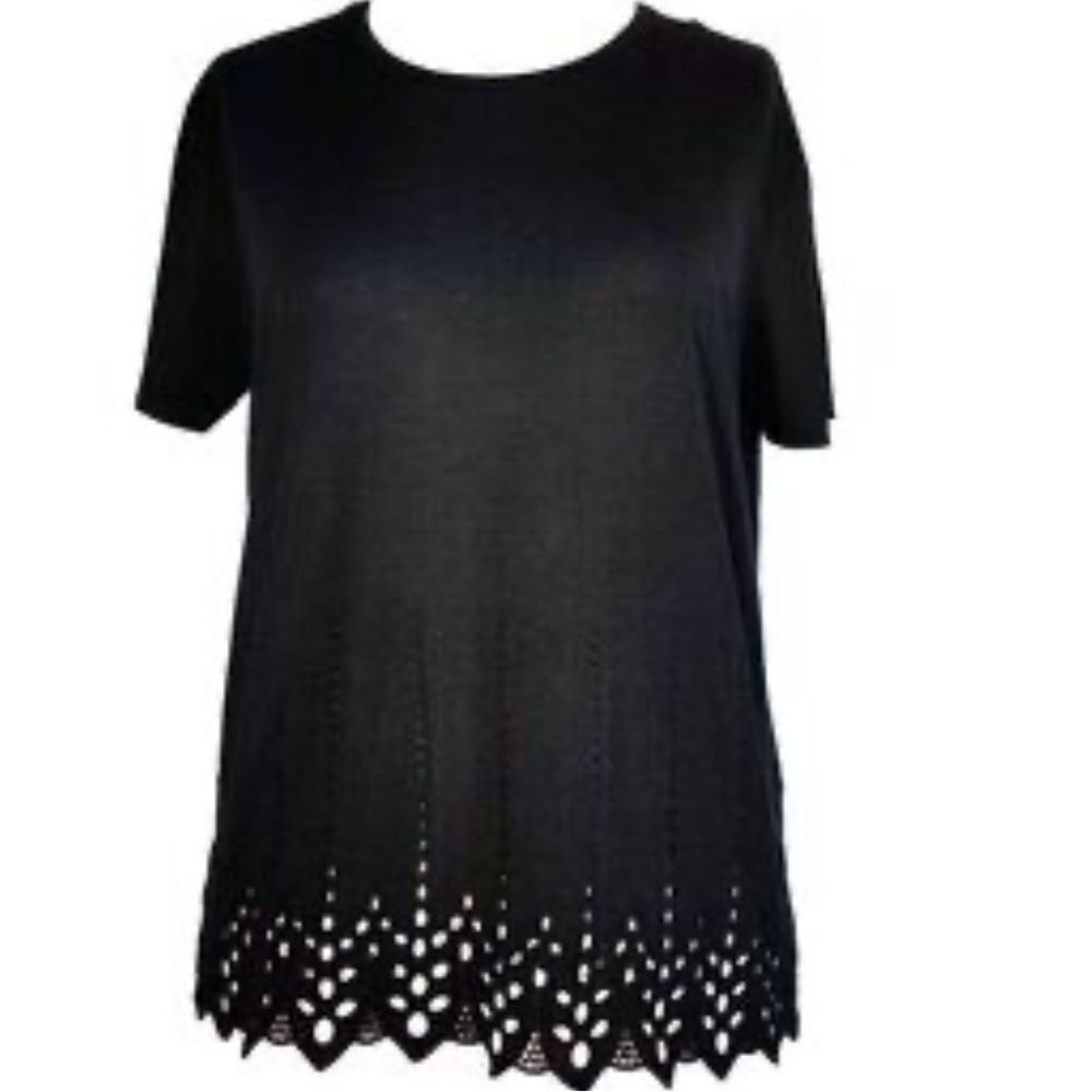 The Kooples Black Short Sleeve Top with Cut-Out Hem XS